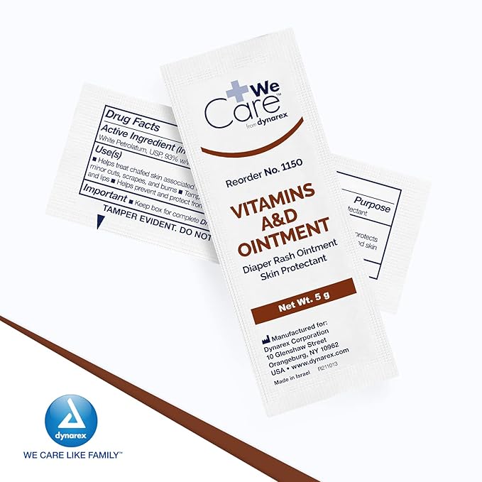 Dynarex Vitamins A & D Ointment, Vitamin A and Vitamin D Help Prevent & Treat Skin Irritation, Diaper Rash, White, 1 Box of 144 - 5g Packets