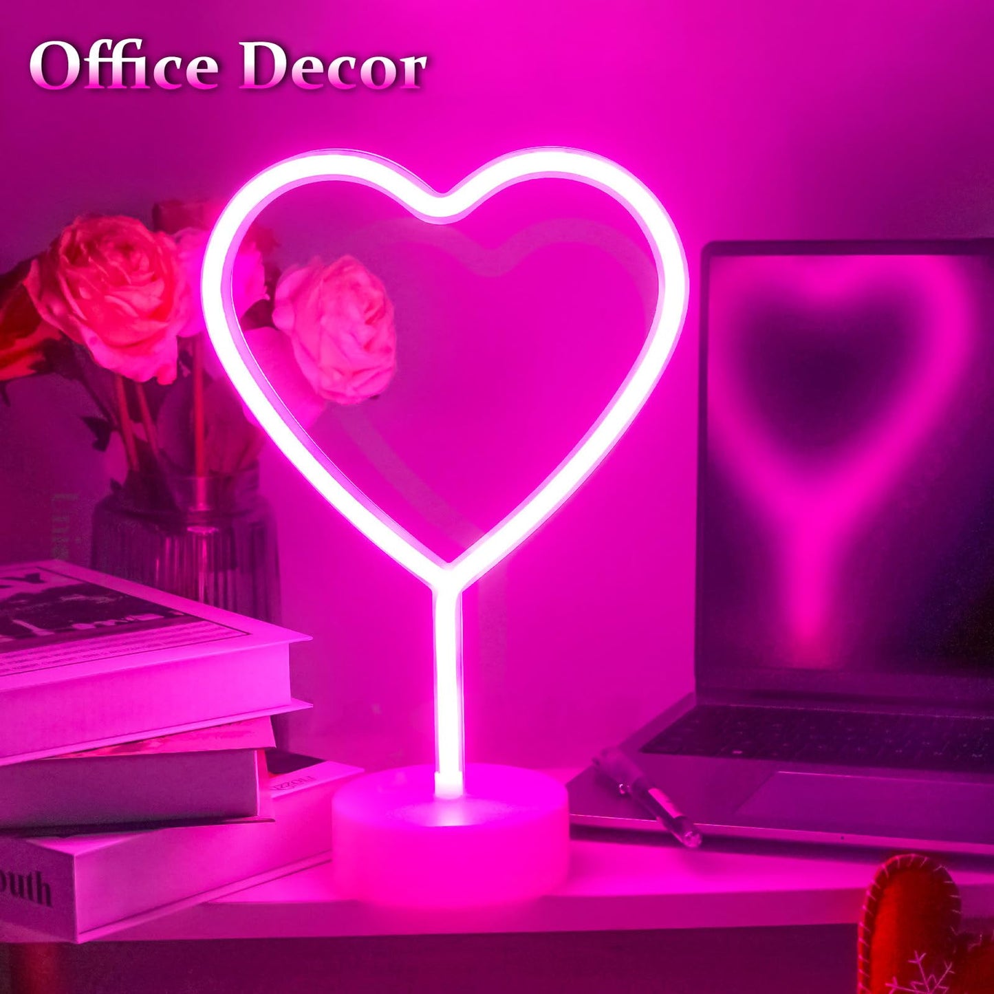 BHCLIGHT Pink Heart Neon Sign, Valentines Day LED Neon Light Battery Operated or USB Powered Valentines Pink Heart Lights, Table Lamp for Galentines Day Decorations, Wedding, Gifts for Women, Lover