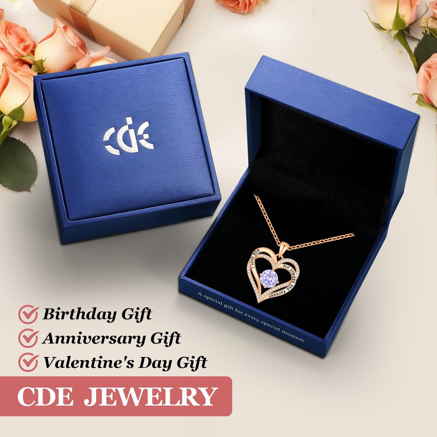 CDE Valentine's Day Gift Forever Love Heart Necklaces for Women, Wedding Anniversary, Birthday Mothers Christmas Day Gifts for Mom, Mother, Wife, S925 Silver Jewelry with Birthstone Pendant