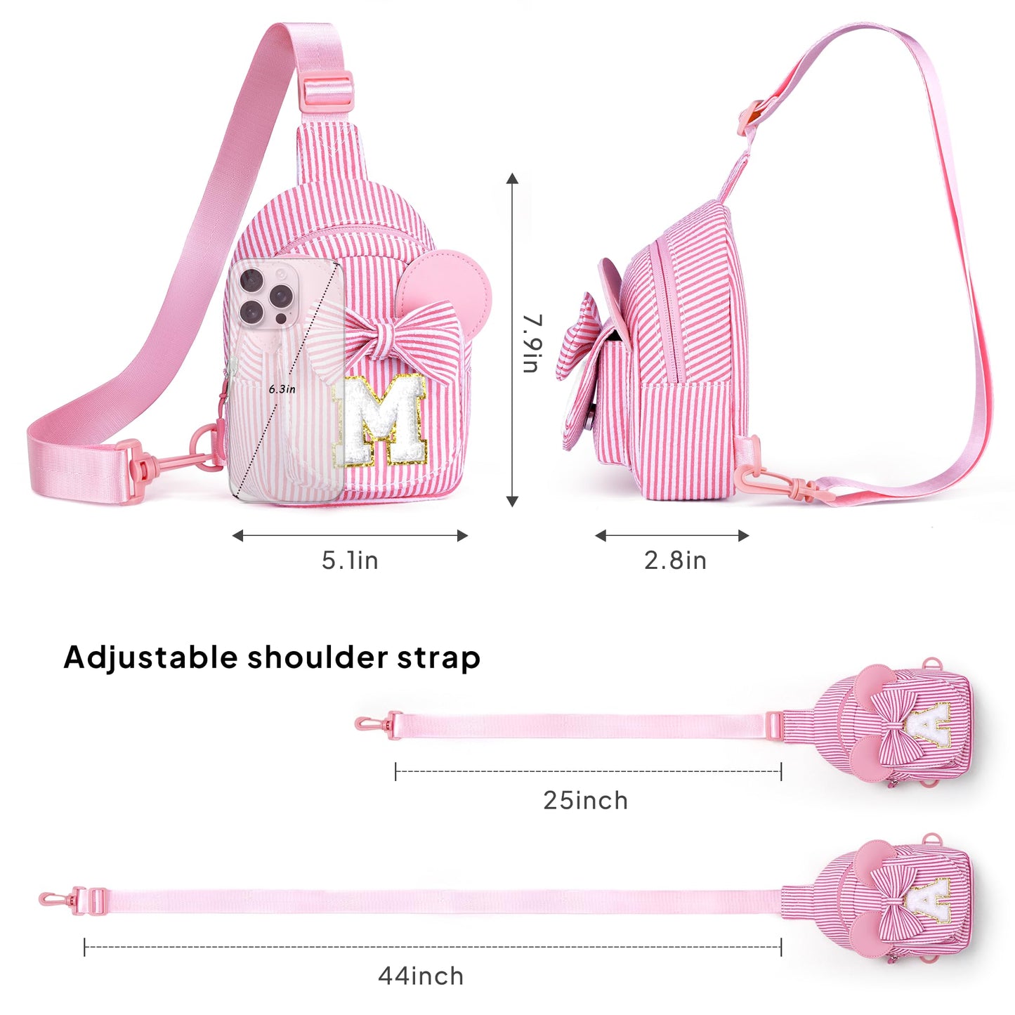 QLOVEA Valentines Day Gifts for Kids, Birthday Gifts for Girls Kids, Initial Pink Sling Bag for Kid Girl | Initial Monogram Fanny Packs Crossbody Bag Purse for Girl Kid Year Old Birthday Gift (Pink A)