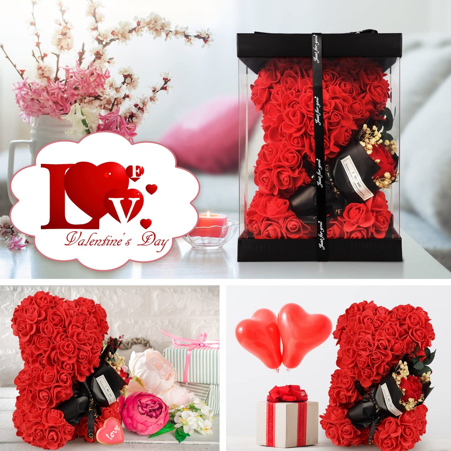 Valentines Day Gifts for Her Rose Bear for Women, Artificial Rose Teddy Bear Birthday Bouquet, Mother's Day Rose Gift, Perfect for Wife, Mom, Grandma (Rose Red)