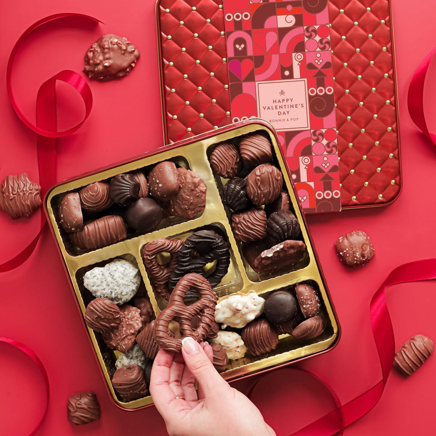 Valentines Day Chocolate Gift Basket, Food Gifts Arrangement Platter, Gourmet Snack Box, For Her, Wife, Spouse, Girlfriend, Romatic, Lover, Mom- Bonnie & Pop