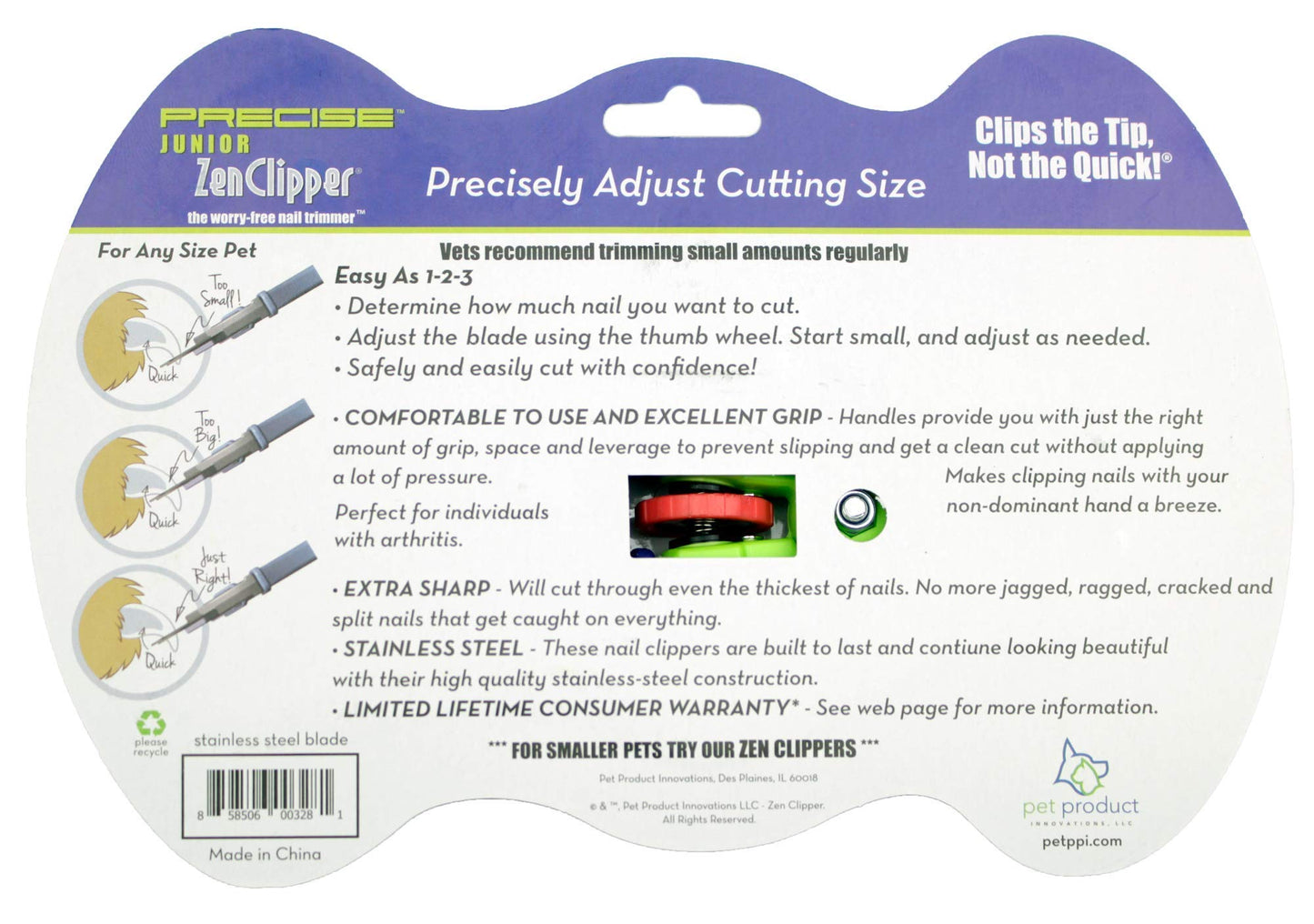 Zen Clipper Precise Safer Pet Nail Trimmer - Fully Adjustable Pet Claw Clipper for Dogs and Cats - Trims only The Amount of Nail You Chose Quick, Clean and Quiet Cut - Patented (Junior)