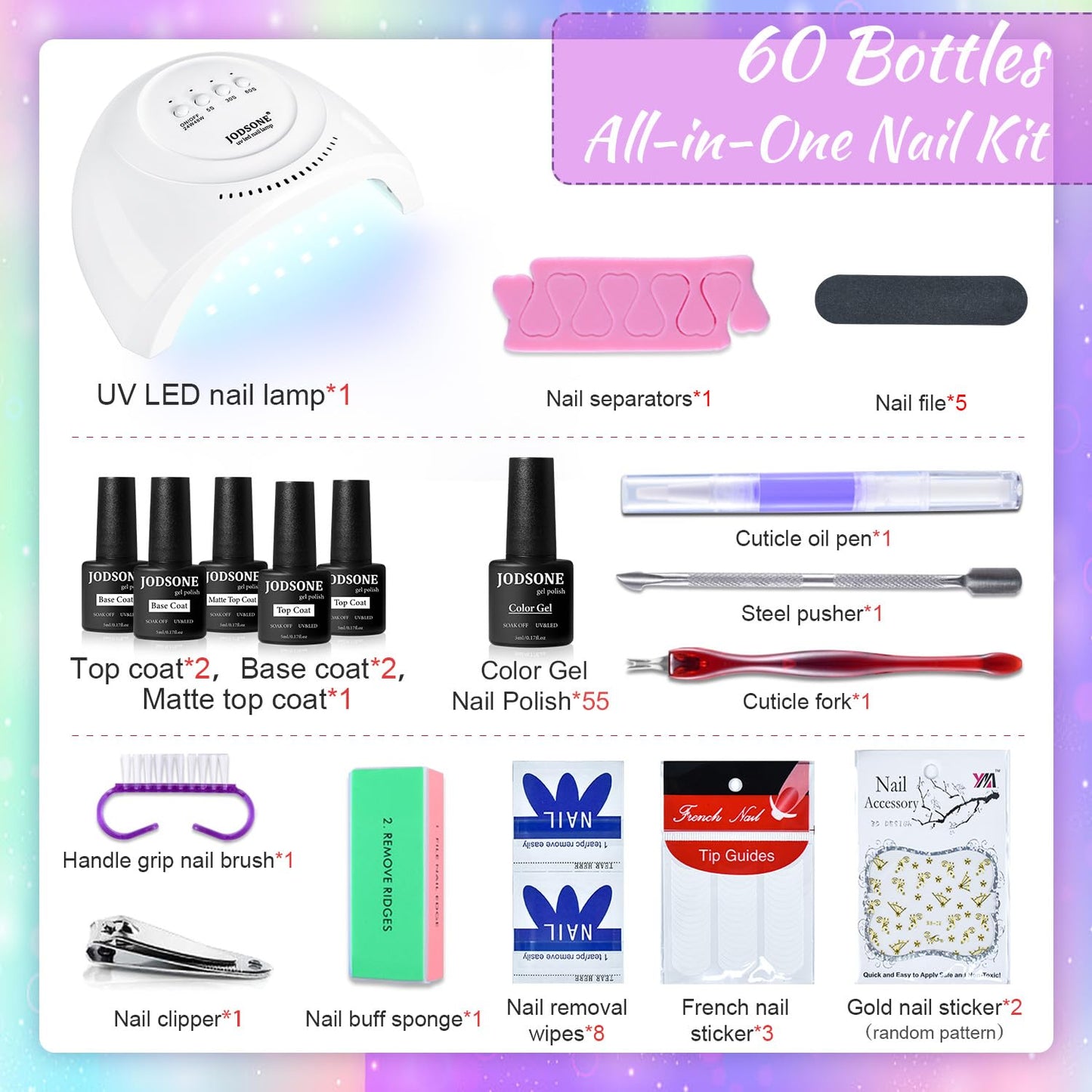 60 PCS Gel Nail Polish Kit | UV Light | Soak-Off Base & Top Coat | For Women