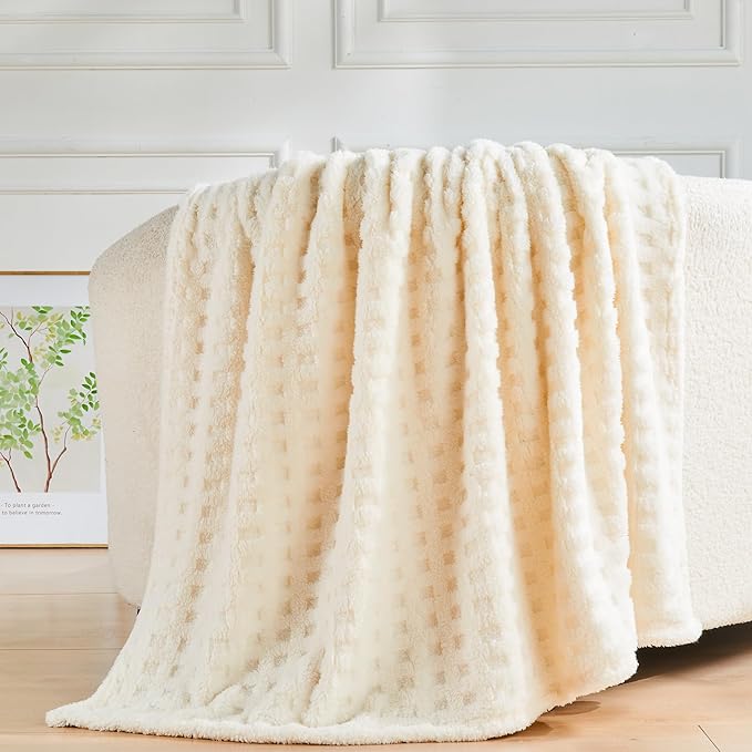 NEWCOSPLAY Super Soft King Blanket Ivory Premium Silky Flannel Fleece 3D Waffle Checkered Lightweight Bed Blanket All Season Use (Ivory, King(90"x110"))