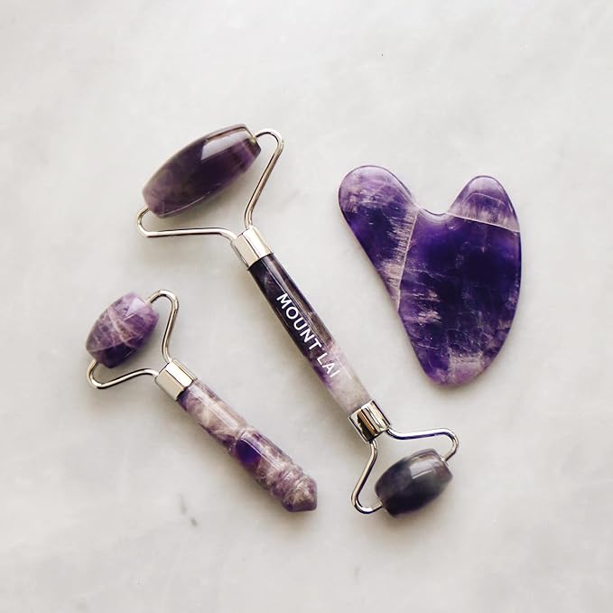Mount Lai Amethyst Trio Calming Facial Set, Facial Roller and Amethyst Gua Sha Facial Tools Set, Guasha Tool for Face to Relieve Muscle Tension and Reduce Puffiness, Anti Aging Skin Care Sets