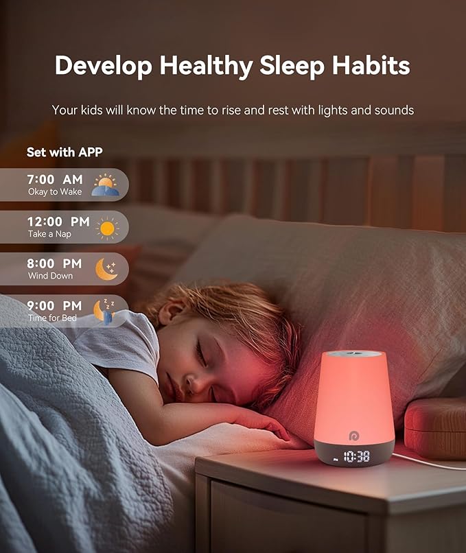 Dreamegg Nite 1 - Baby Sound Machine, Sleep Trainer, Night Light for Kids, Ok to Wake Alarm Clock, 34 Soothing Sounds, App Control, White Noise Sound Machine for Baby Kids Toddler Nursery(Joyous Bird)
