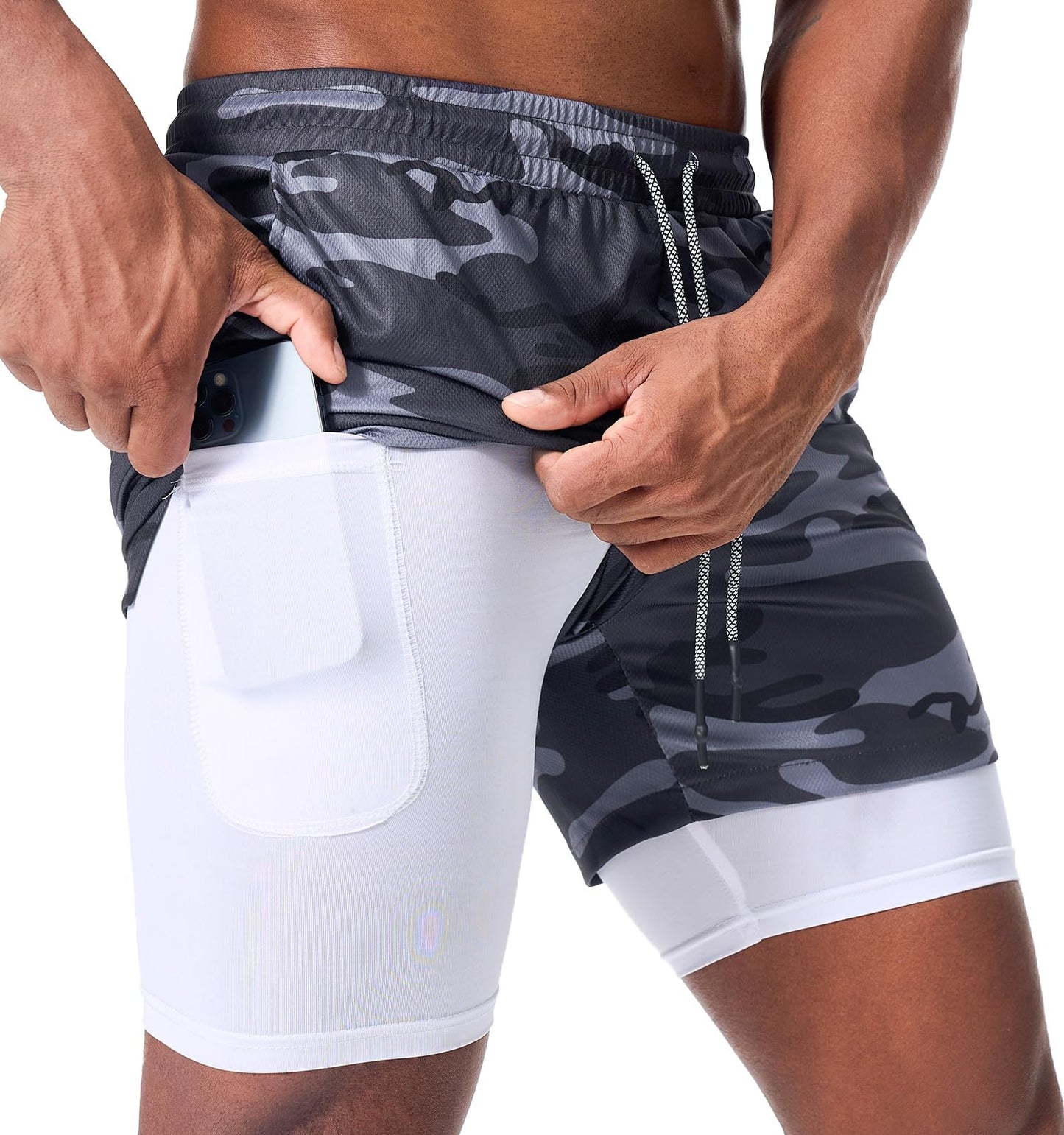 Surenow Men's Running Shorts Quick Dry Workout Gym Shorts Athletic 2-in-1 Stealth Shorts Outdoor Short for Men with Pockets Camouflage Grey