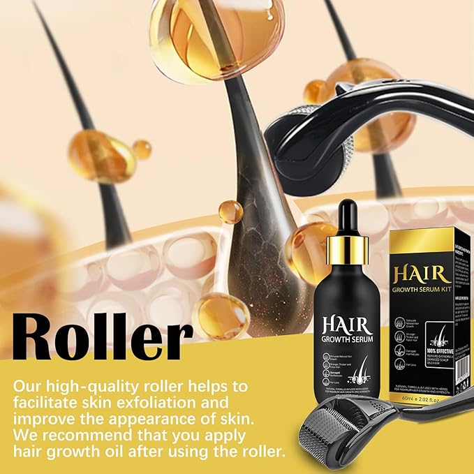 Hair Growth Oil and Derma Roller 0.25mm Scalp Kit, Natural Serum With Biotin, Microneedle Beard Roller for Thicker Longer Fuller Hair and Beard - 2.02 Oz