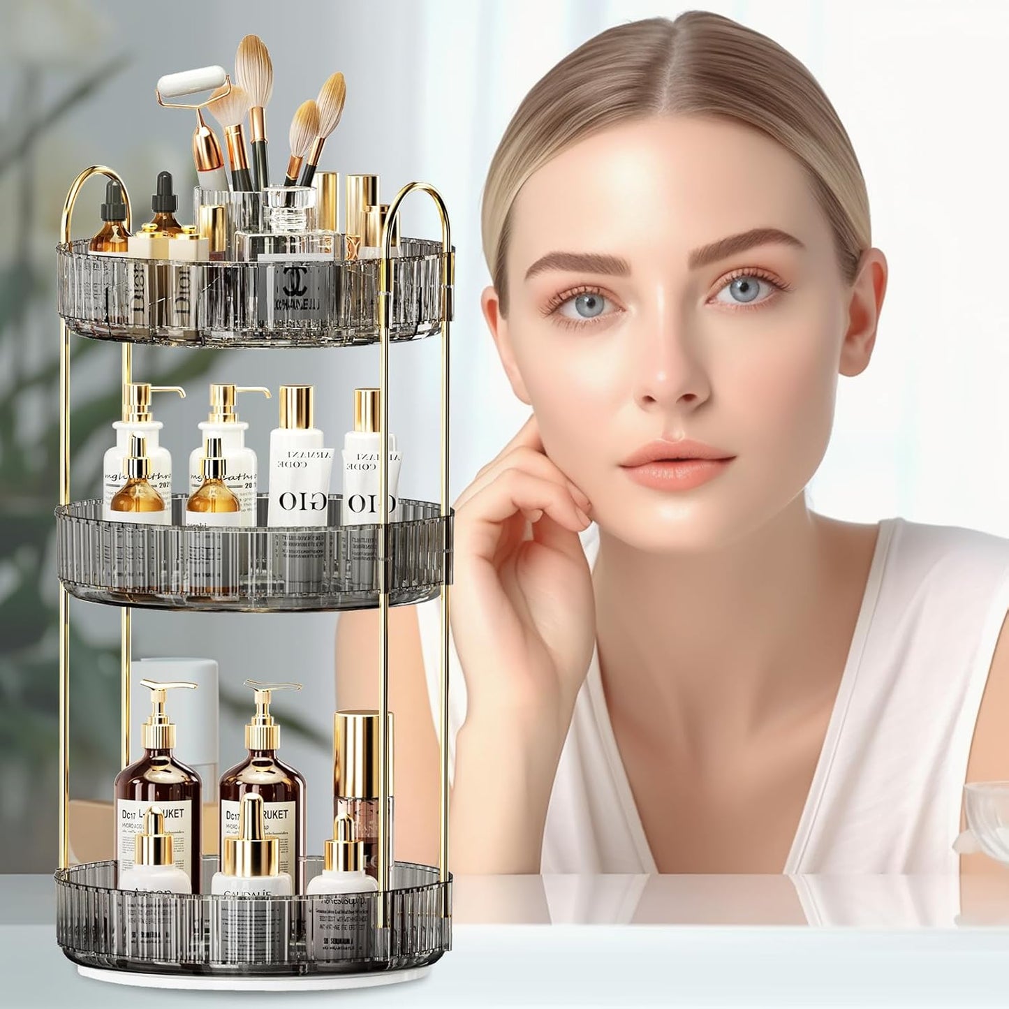 360° Rotating Makeup Organizer, Large-Capacity Skincare Make Up Storage 3 Tier Perfume Organizers Cosmetic Dresser Organizer with Makeup Brush Holder, Fits Bedroom, Bathroom, Vanity Shelf Countertop