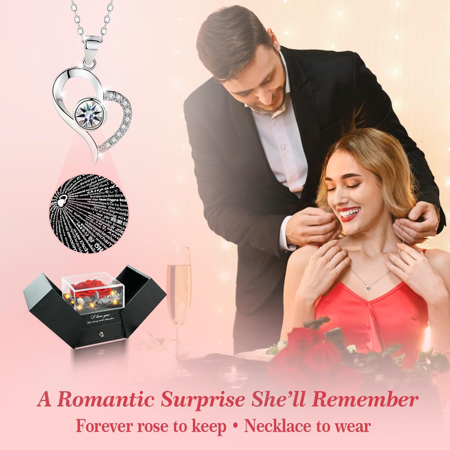 cdco Valentines Day Gifts for Her Women Girlfriend Wife Fiancée - Preserved Real Rose with Heart Necklace “I Love You” in 100 Languages, Valentine's Forever Flowers