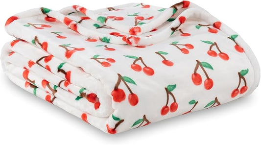 Berkshire Blanket-Classic Heavyweight Soft Printed VelvetLoft® Plush Throw Blanket, Cozy and Fuzzy, Cherries Toss White, 50in x 70in