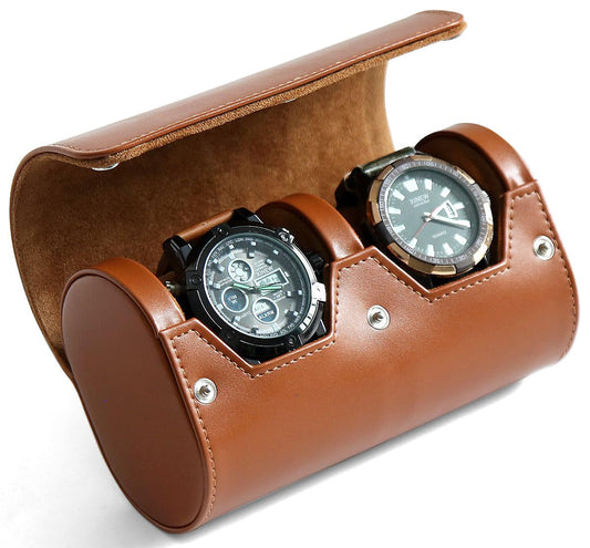 Besforu Watch Roll Travel Case for Men and Women with Suede Lining Portable 2 Slot Watch Display Storage and Organizer to Holder Large Watch(2 Slot Light Brown)