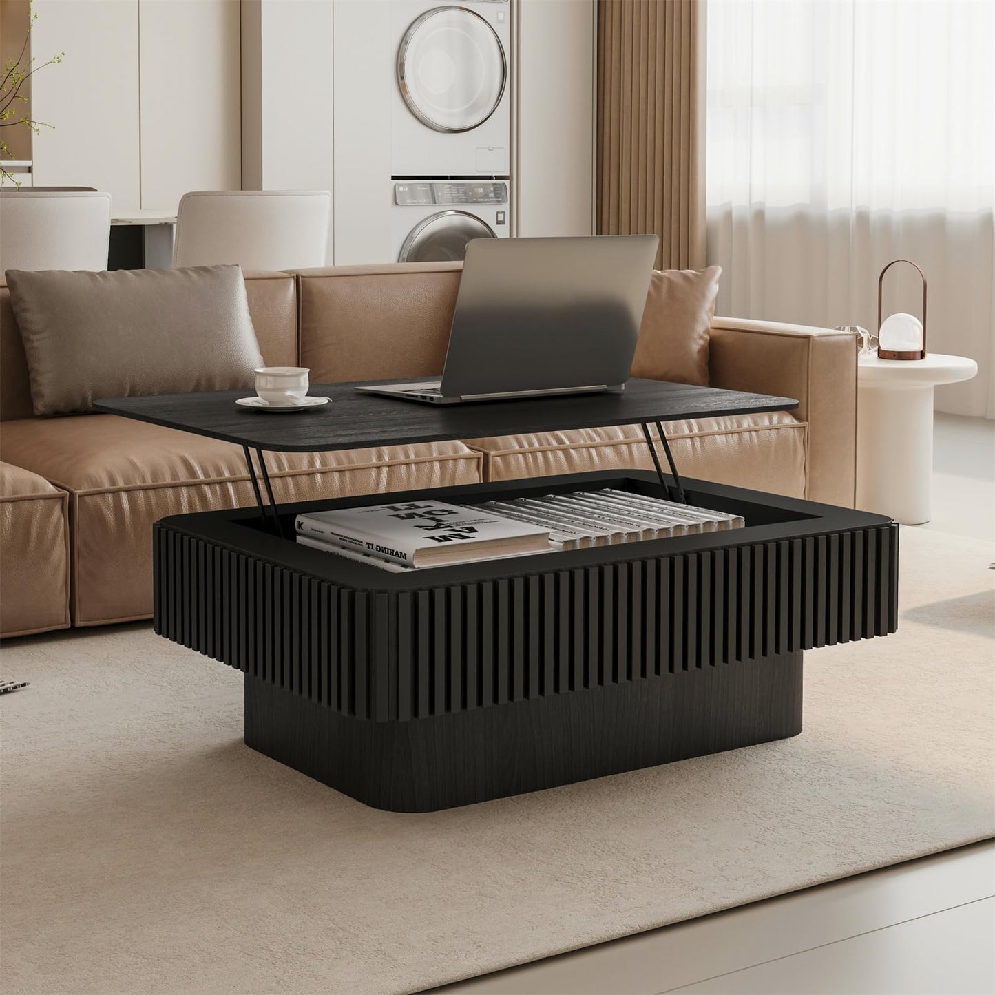 LKTART 38.6''Black Fluted Lift Top Coffee Table Modern Handcraft Drum Wooden Solid Wood Veneer Tea Table for Living Room Apartment(Hidden Storage)