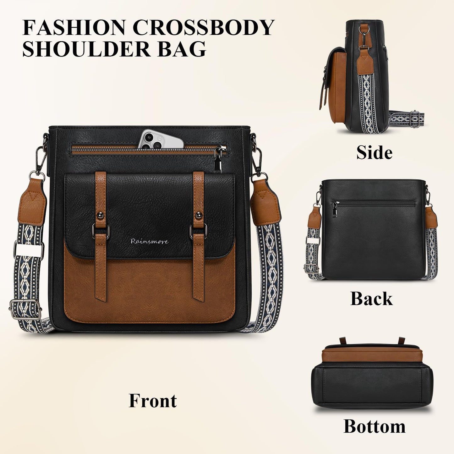 RAINSMORE Crossbody Bag for Women, Waterproof Leather Crossbody Purses Lightweight Handbags Shoulder Bag with Adjustable Shoulder Strap, Women's Crossbody Travel Purse