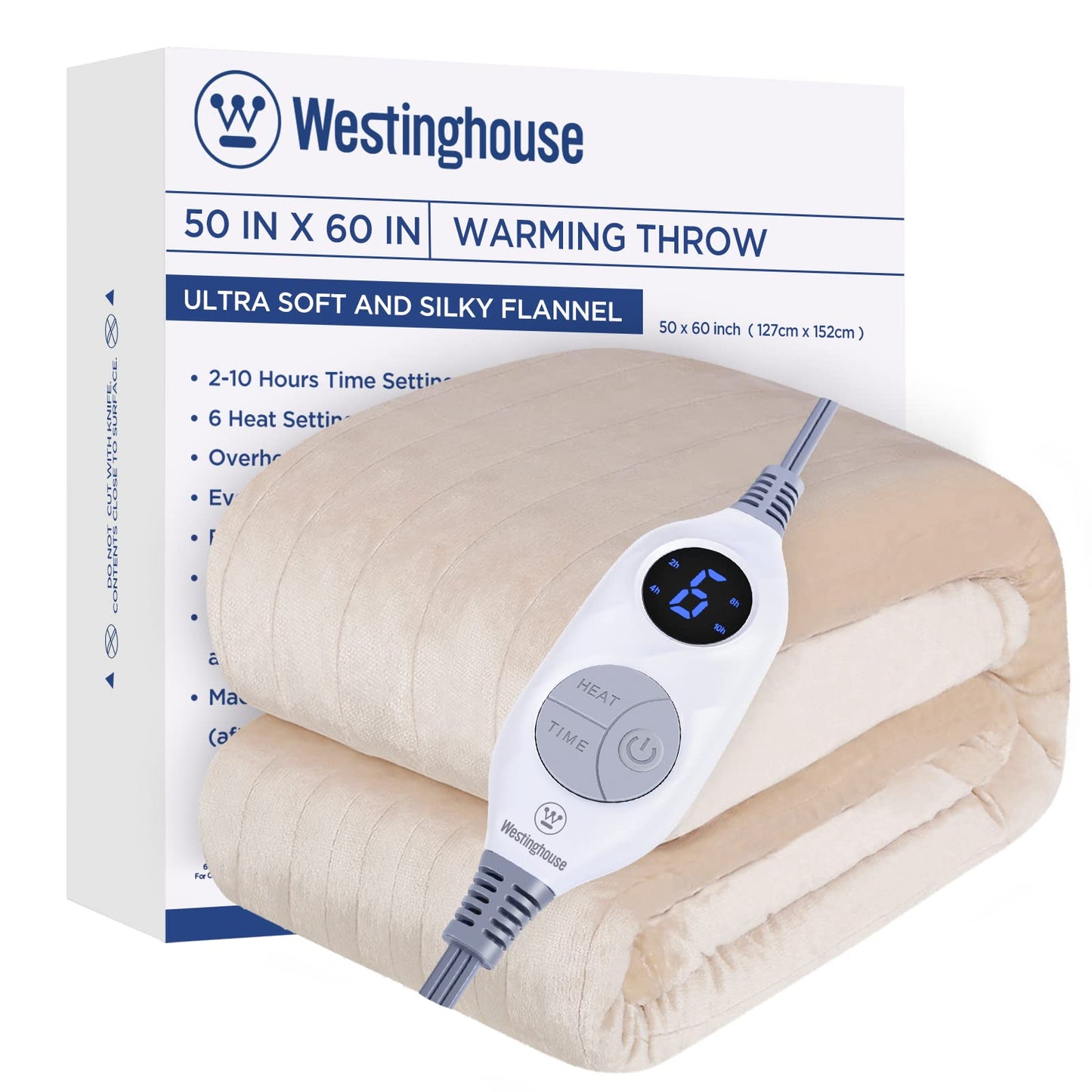Westinghouse Electric Blanket Heated Throw, Super Cozy Soft Flannel 50"" x 60"" Heated Throw with 6 Fast Heating Levels & 2-10 Auto-Off, Machine Washable, ETL&FCC Certification, Navy Blue