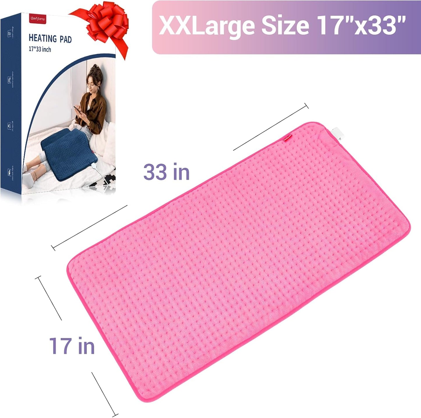 Comfytemp Heating Pad for Back Pain Relief, Extra Large Pink Heating Pad XXL, Birthday Gifts for Women Mom Grandma Wife, 17''x 33'' King Size Electric Heating Pads for Period Cramps