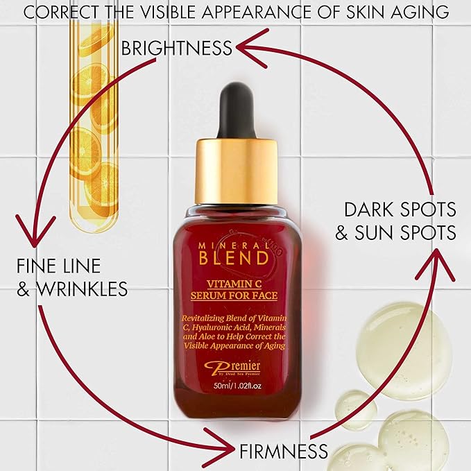 Vitamin C Serum for Face with Hyaluronic Acid & Rose Hips oil - Natural & Organic Anti Aging facial serum, Mineral Blend by Premier Dead Sea 1.7 Fl.Oz