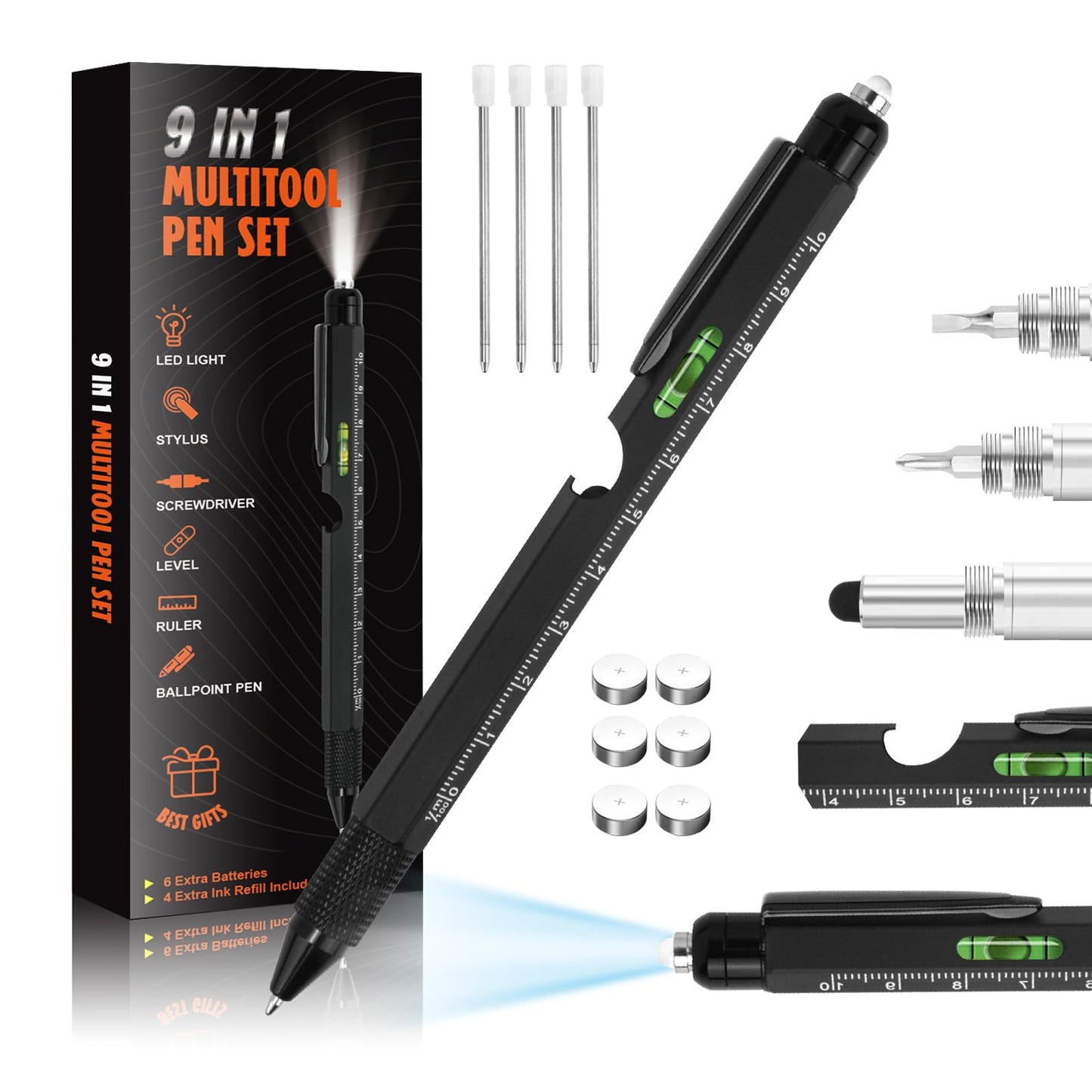 Cool Pen Gifts for Men - 9-in-1 Multi Tool Tech Pen Gadgets for Him, Personalized Father's Day or Birthday Gift (9 IN 1 Black)