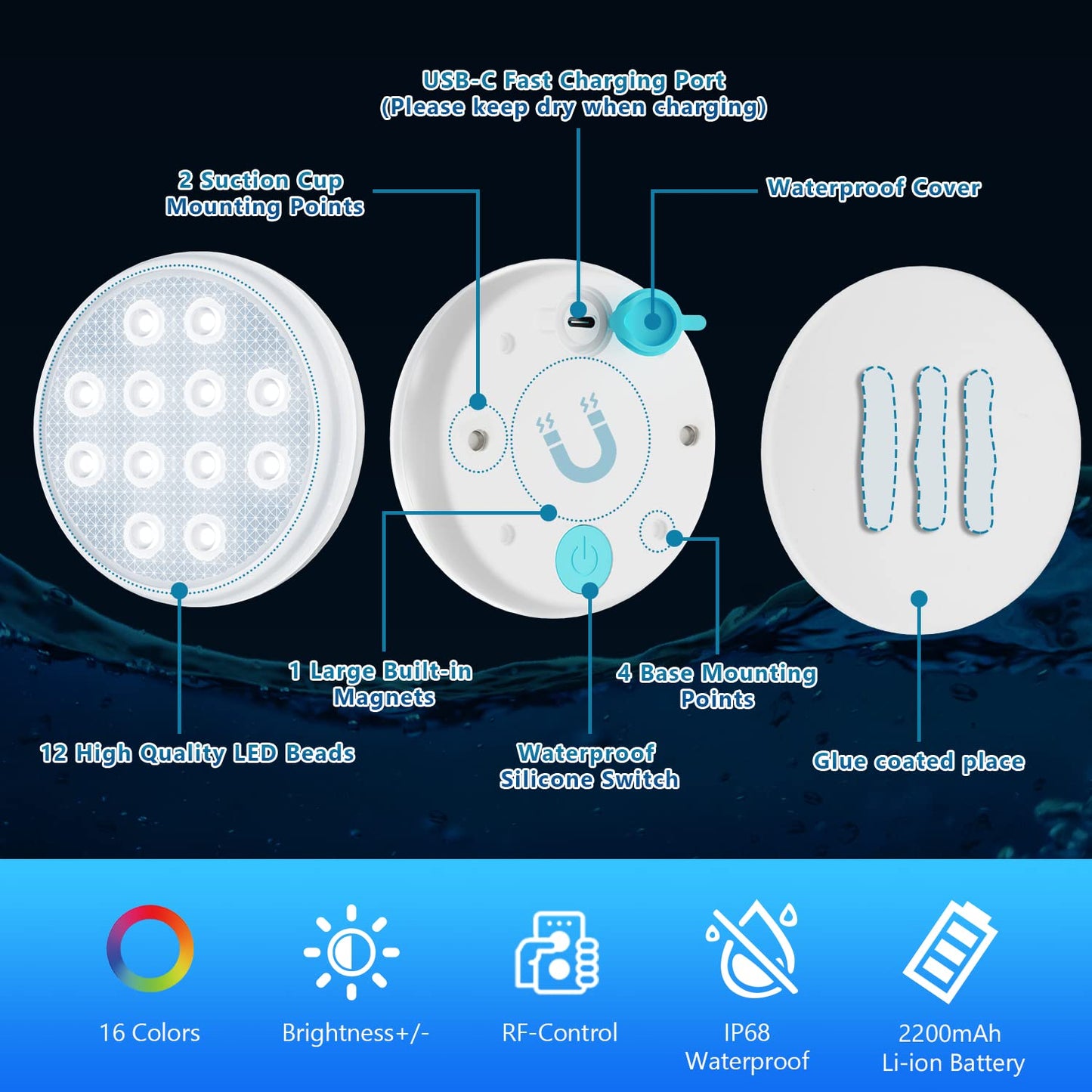 QOLNBY Rechargeable Pool Lights Submersible LED Lights with Remote, IP68 Waterproof Underwater Lights,16 Color Changing Floating Light with Magnet, Suction Cups for Pool,Pond,Party (2-Pack)