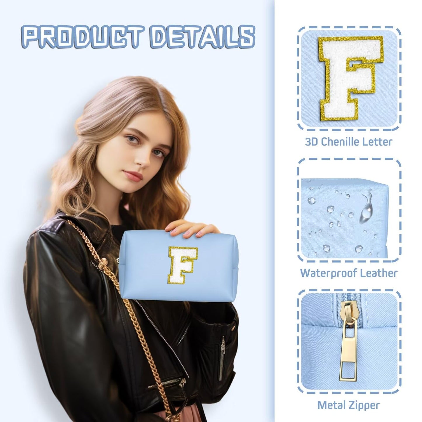 TOPEAST Birthday Gifts for Women, Personalized Initials Travel Makeup Bag Valentines Day Gifts for Women for Her (Sky Blue E)