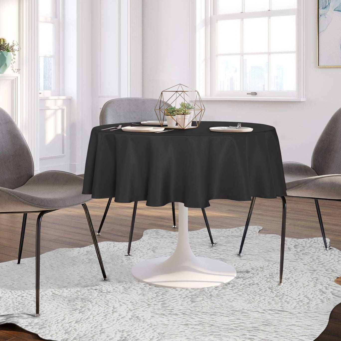 sancua Round Tablecloth - 60 Inch - Water Resistant Spill Proof Washable Polyester Table Cloth Decorative Fabric Table Cover for Dining Tables, Buffet Parties and Camping, Black