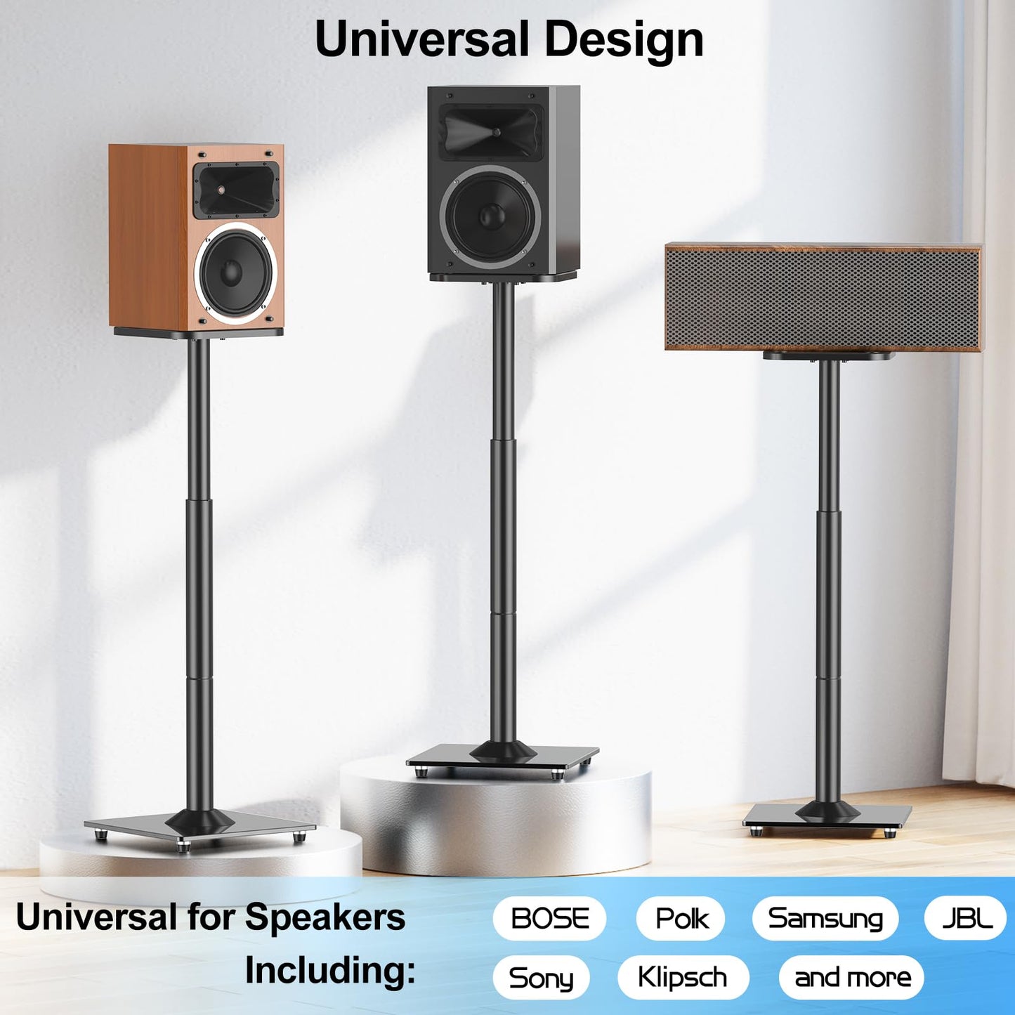 MOUNTUP Universal Speaker Stands Pair 28.3" to 37.4" Height Adjustable Floor Speaker Stands, Holds Bookshelf & Satellite Speaker Large Speaker, Up to 22LBS Cable Concealing 9.8" Plate Black MU9132-L