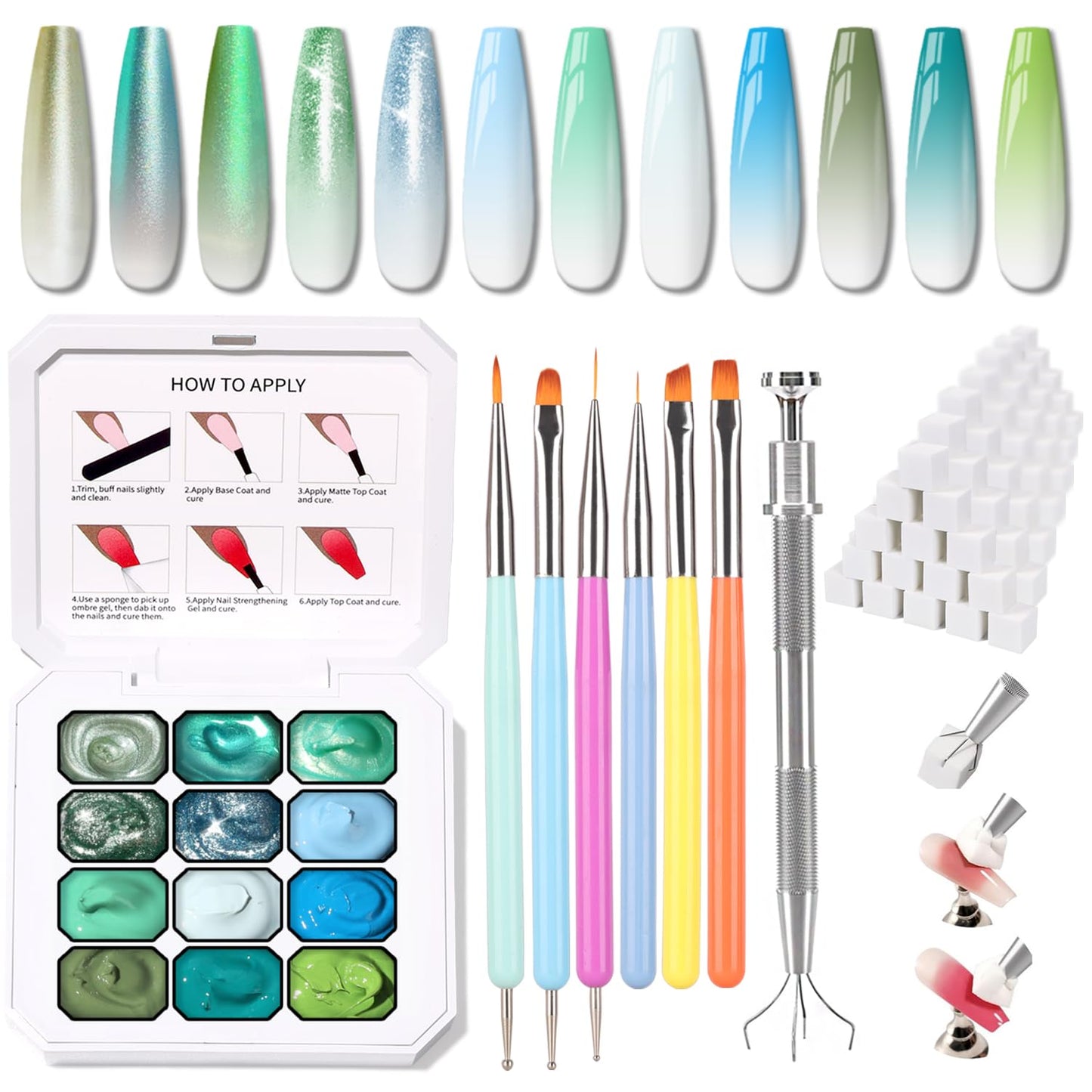 Sponge Pat Paint Nail Gel, Ombre Nails Gradient Gel Nail Blush Blooming Aura Nails Drawing Stripper Floral Painting DIY Nail Art, No Wipe, UV/LED Curing (12 Colors L)
