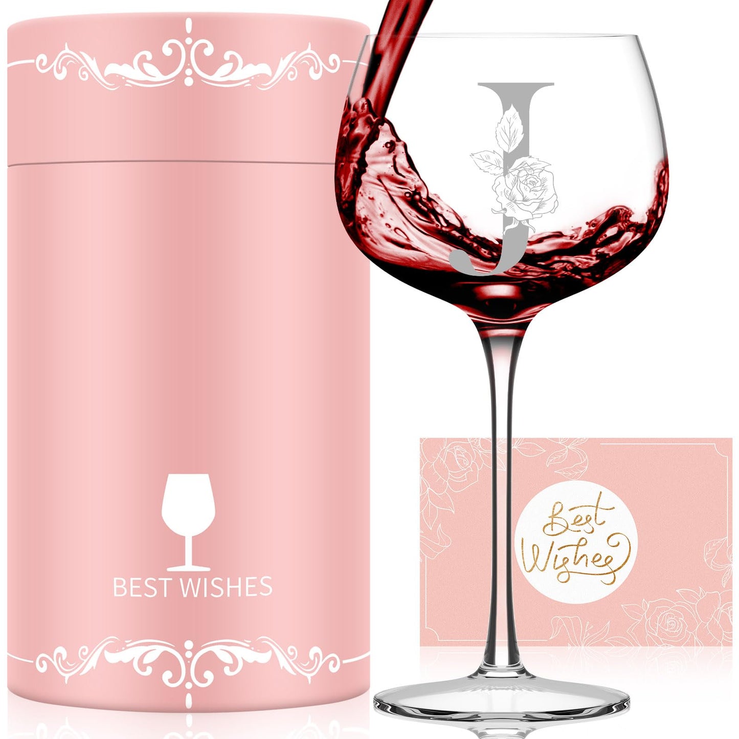 Valentines Day Gifts for Her, Initial A-Z Wine Glass Customized Gift For Women, Personalized Galentines Mothers Day Christmas Birthday Gifts for Women Her Mom Best Friend Sister Wife Sister (J)