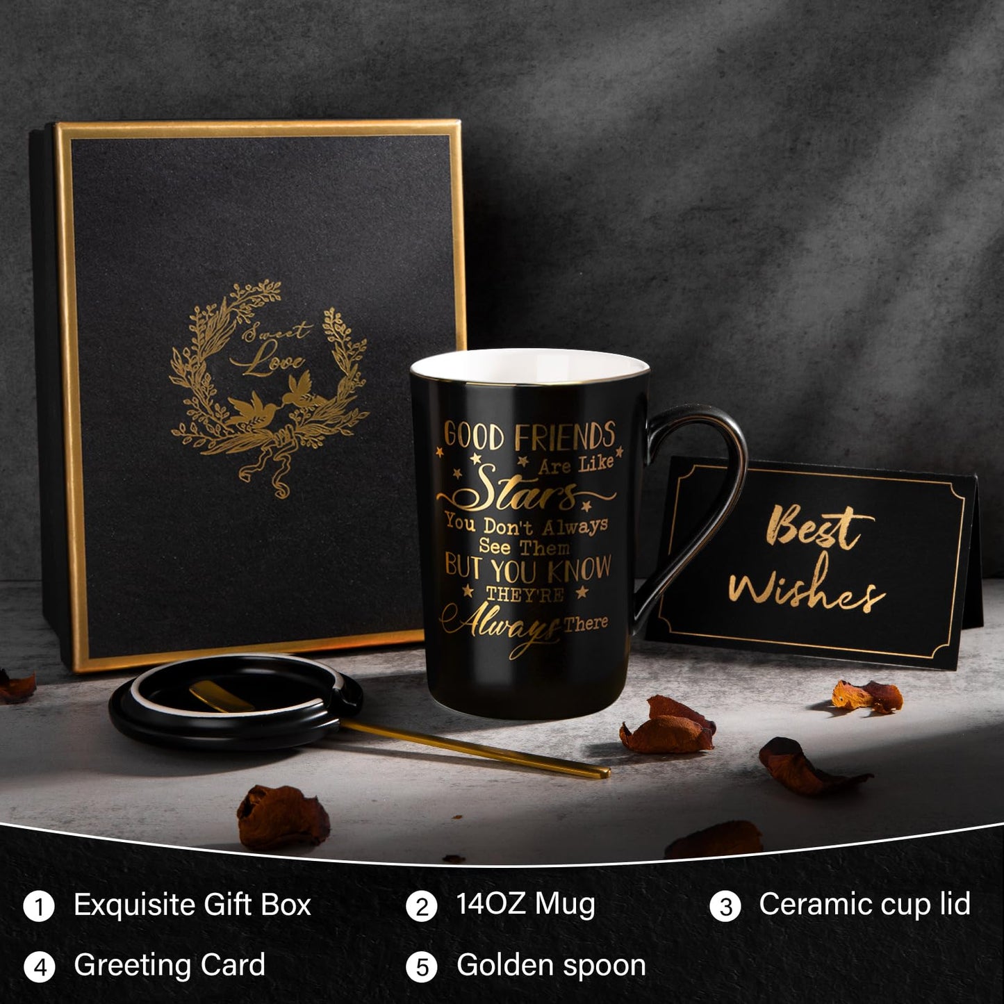 Best Friend Birthday Gifts for Women, Friendship Gifts for Women, Unique Birthday Valentines Day Gift Ideas for Her, Friends Female, Besties, BFF Ceramic Marble Coffee Mug Gift Box Printed Gold 14 oz