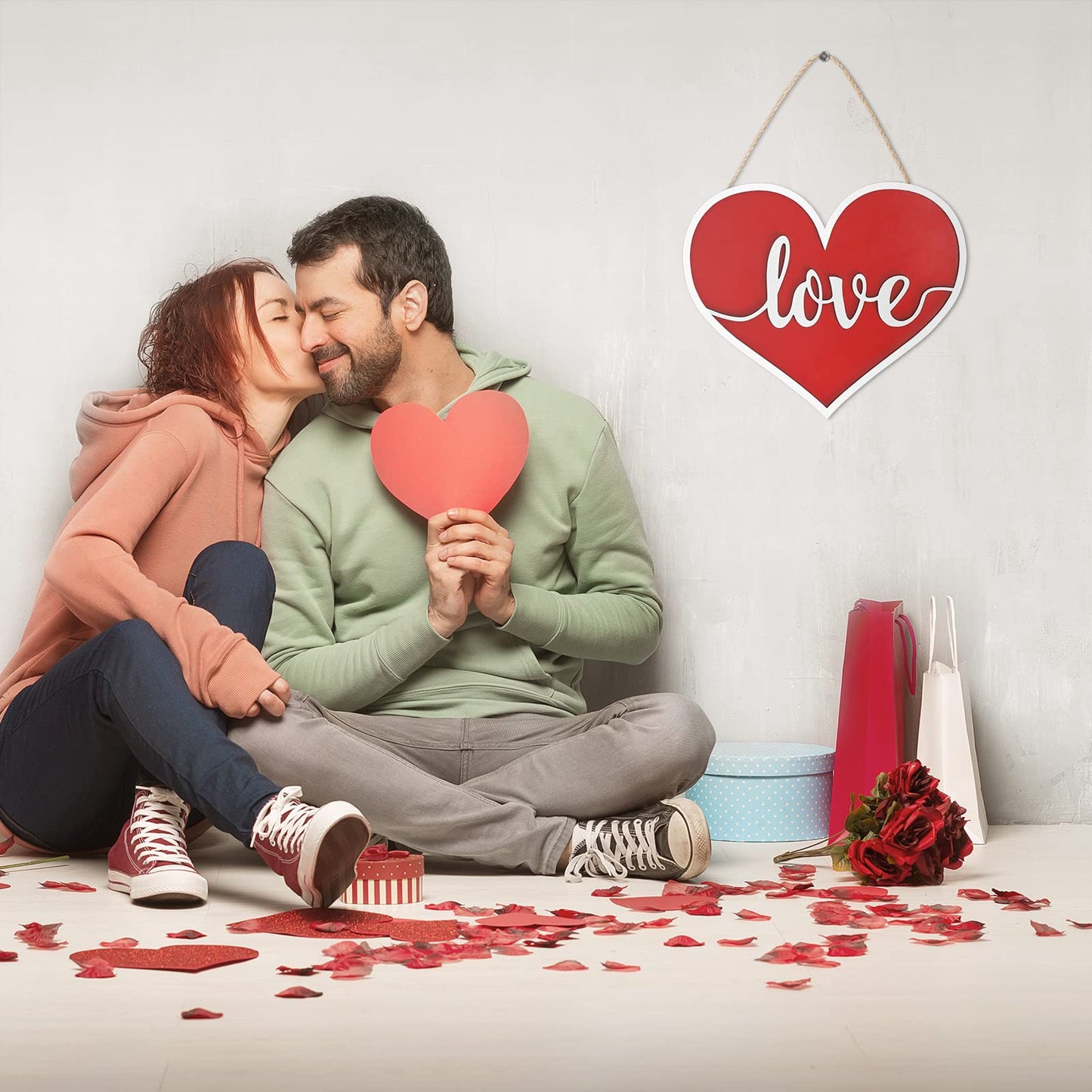 AKEROCK Valentines Day Door Decorations, 3D Heart Shaped Wooden Hanging Sign for Valentines Decorations or Wall Decor