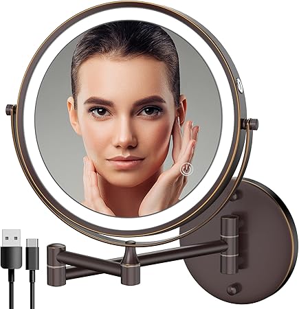 Rocollos Rechargeable Wall Mounted Lighted Makeup Mirror Chrome, 8 Inch Double-Sided LED Vanity 1X/10X Magnification,3 Color Lights Touch Screen Dimmable 360°Swivel 13 Extendable