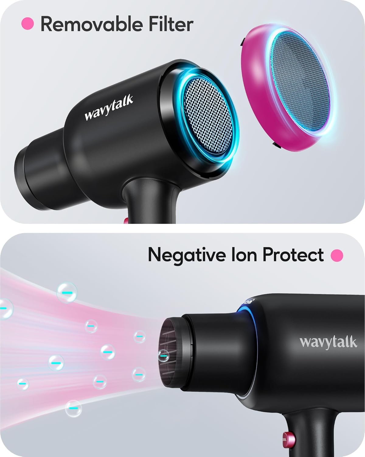 Wavytalk 1875W Ionic Hair Dryer | Diffuser & Comb for Curly Hair | Black