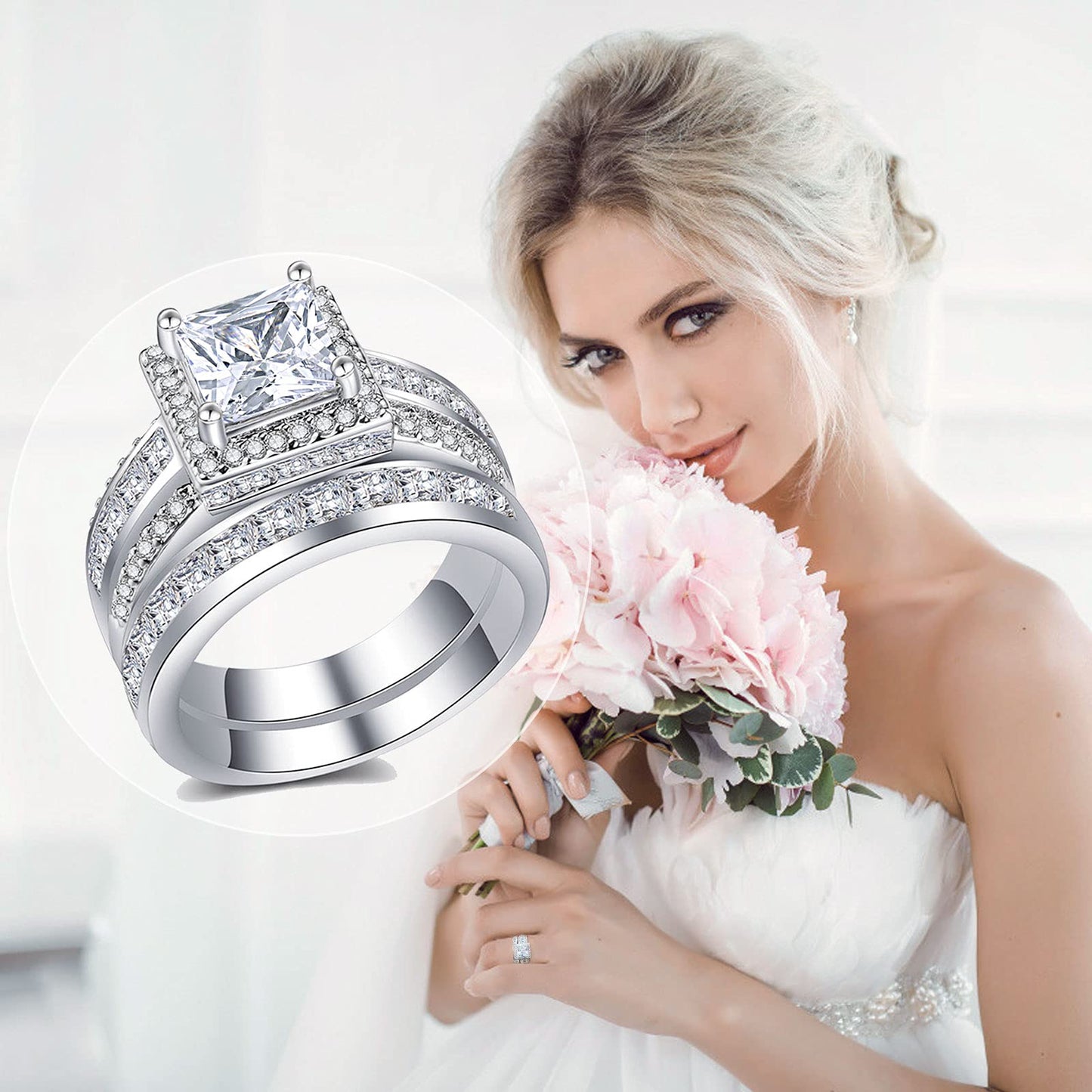 CEJUG 3Ct Wedding Rings for Women Princess Engagement Ring Set Bands 18k White Gold Plated Halo Cz Size 9