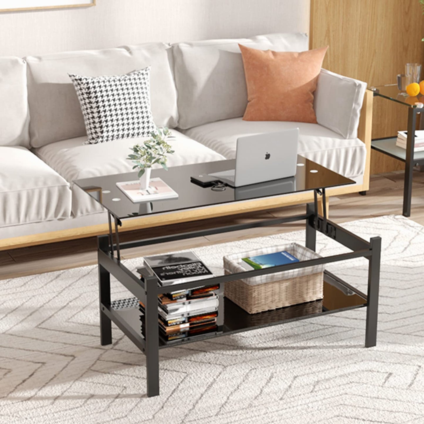 Meihua Lift Top Glass Coffee Table with Storage Compartment and Separated Open Shelves, Lift Tabletop for Living Room Home, Office, Black
