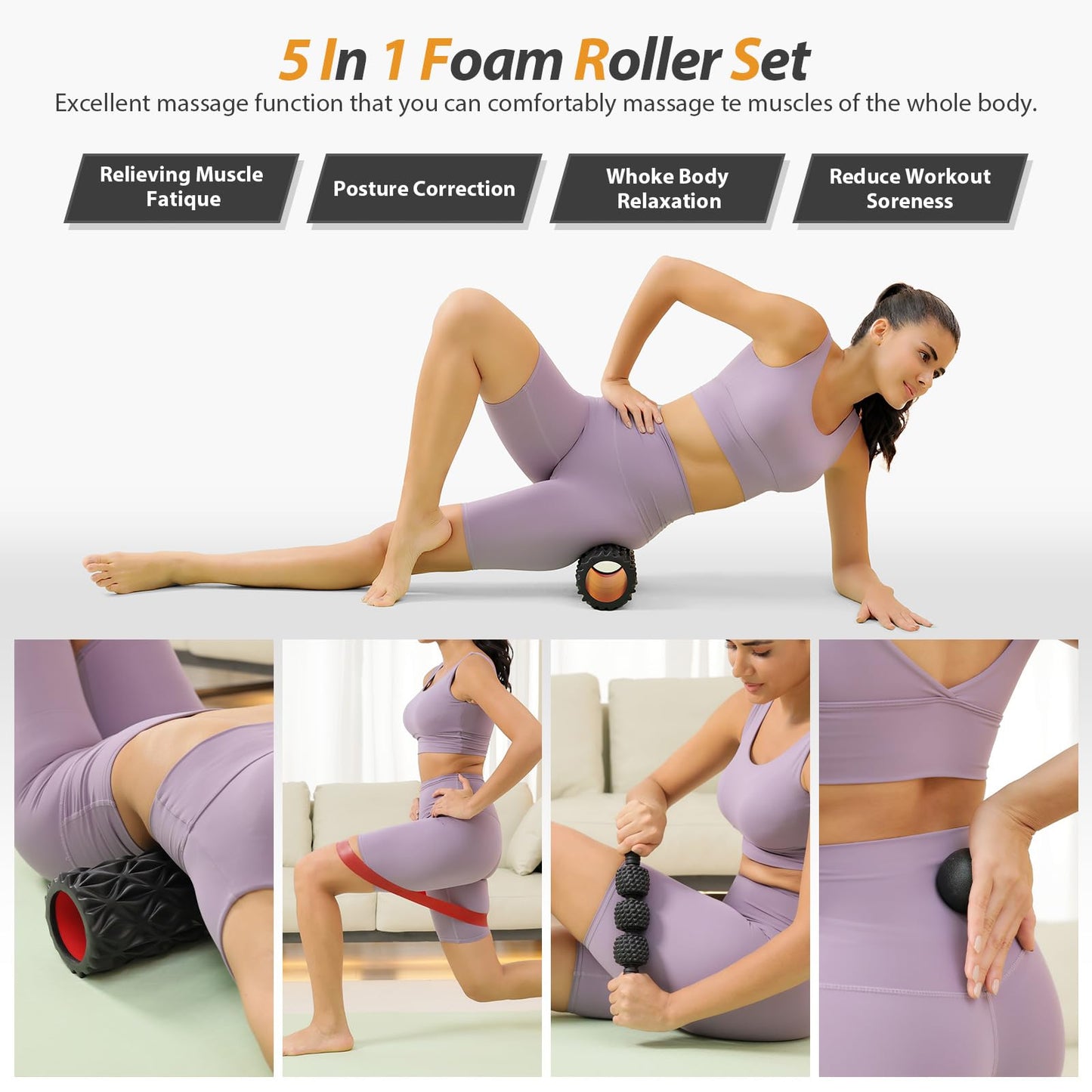 5 in1 Foam Roller Set, Trigger Point Foam Roller, Massage Roller Stick, Massage Ball, Resistance Band for Deep Muscle Massage Pilates Yoga,Fitness Exercise for Whole Body (Black-Red)