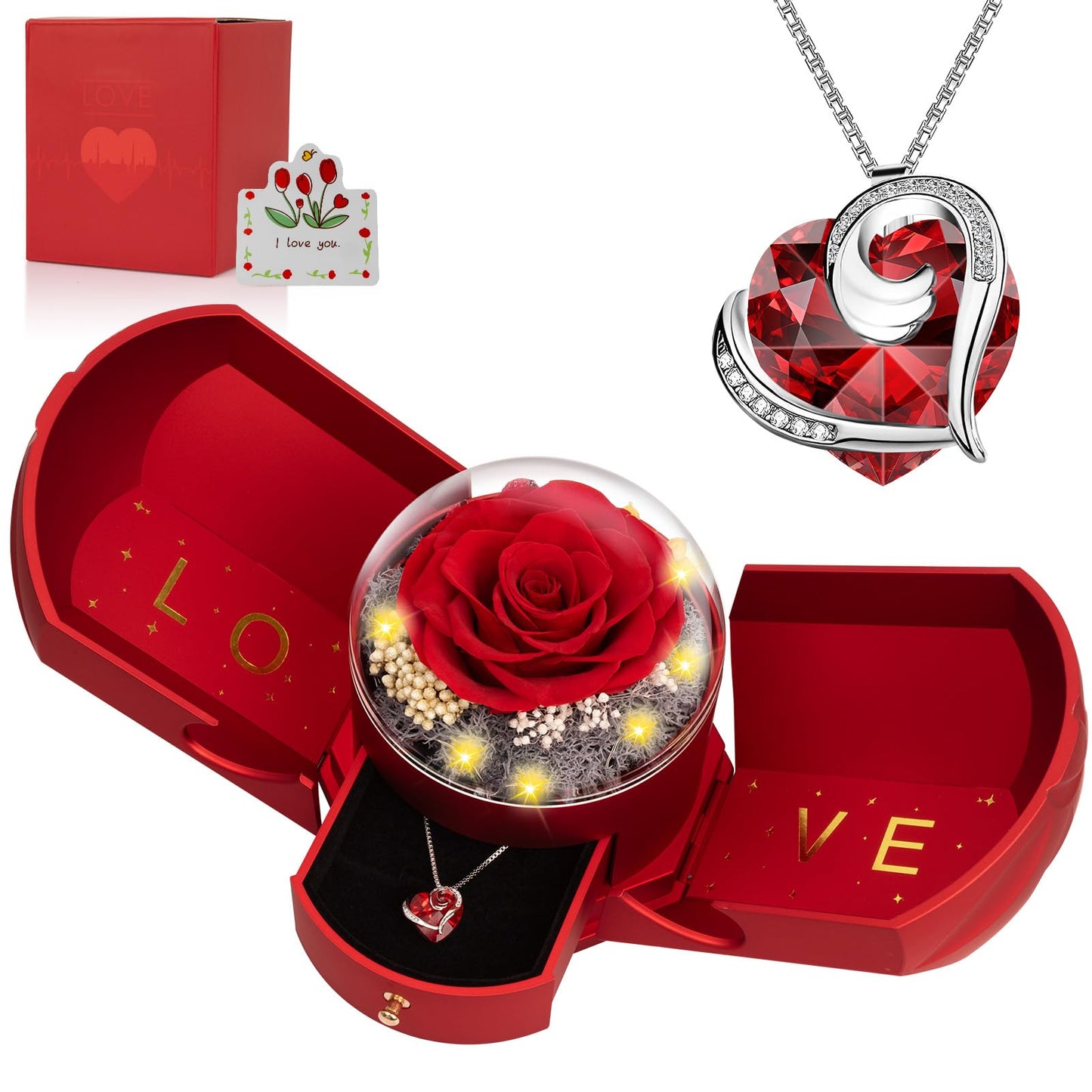 Preserved Real Red Rose with Necklace Forever Flowers Rose Valentines Day Gifts for Her Wife Girlfriend Women Mom Grandma on Valentines Mothers Day Sweetest Day Christmas Anniversary Romantic-Red