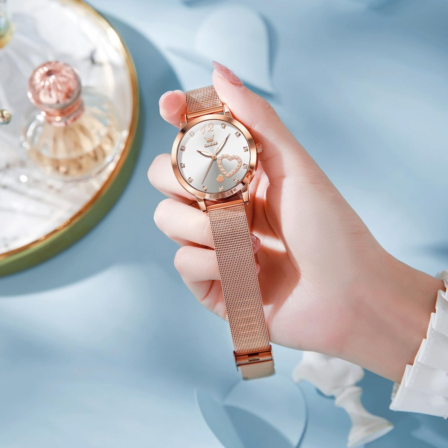 OLEVS Rose Gold Watches for Women White Face Stainless Steel Mesh Bracelet Womens Diamond Watch for Small Wrists Cute Waterproof Analog Quartz Womens Wristwatch Luminous Reloj para Mujer
