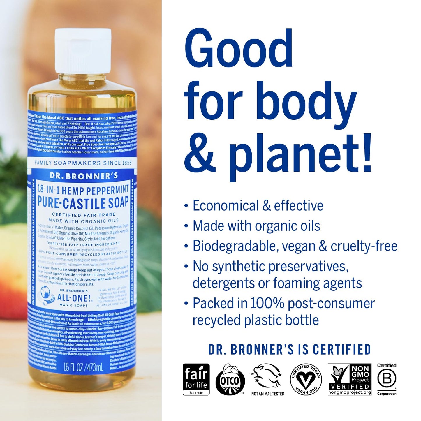 Dr. Bronner's Pure-Castile Soap | Peppermint Liquid, 1 Gallon – Eco-Friendly Hand & Body Wash