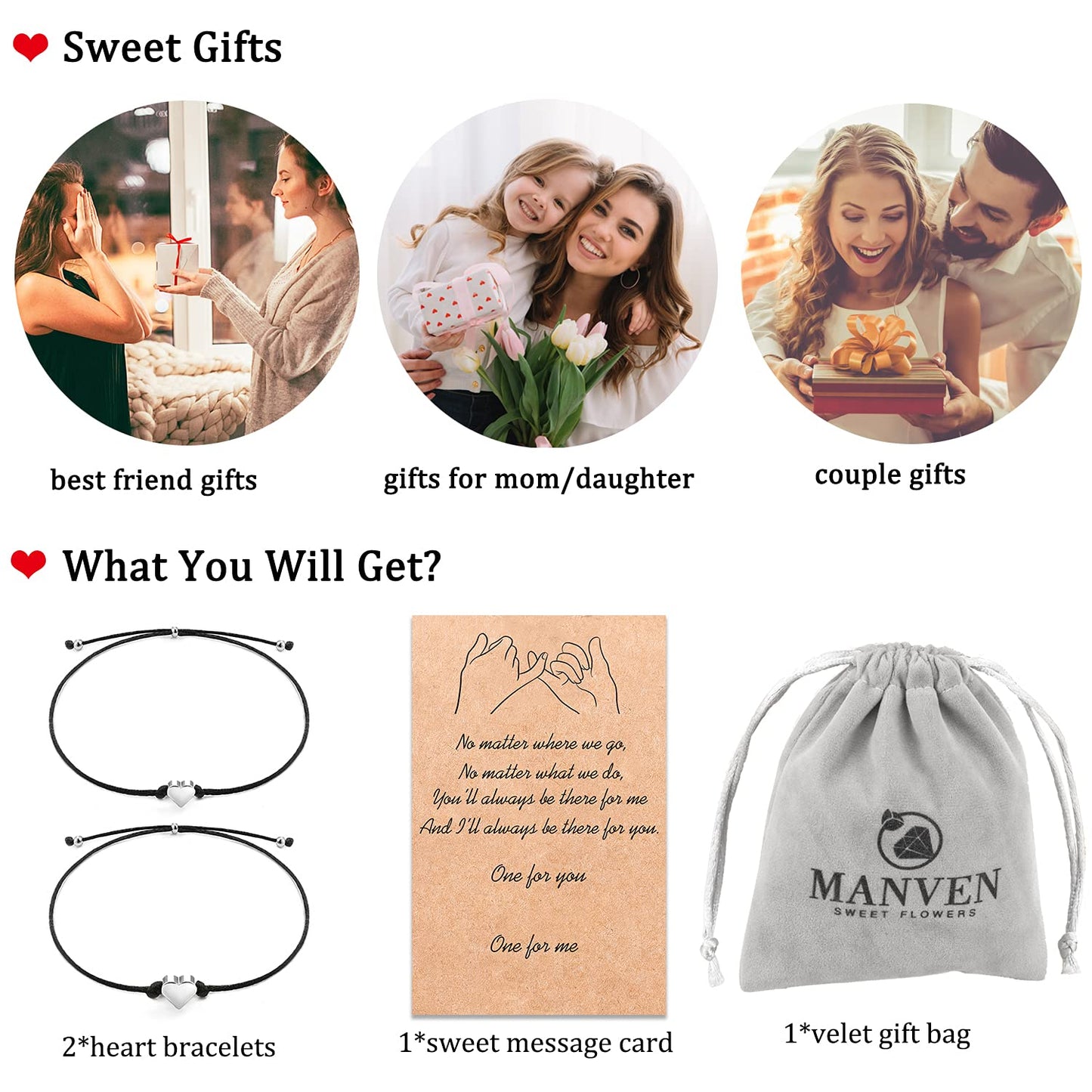 MANVEN Matching Bracelets for Couples Best Friends Pinky Promise Bracelets Birthday Gifts for Family Sister Women Men