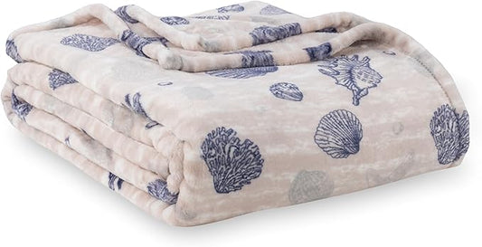 Berkshire Blanket-Classic Heavyweight Warm Soft Printed VelvetLoft® Plush Blanket, King Size Soft Fuzzy Blanket for Couch Sofa Bed, Classic Shells Navy, 90in x 108in