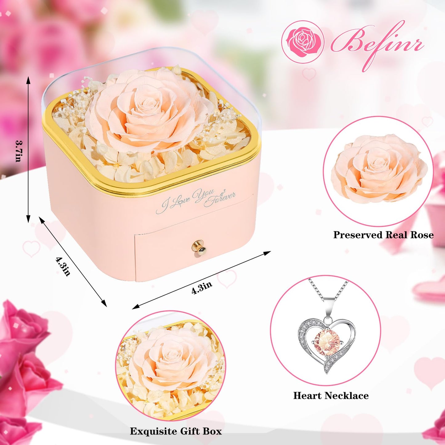 Beferr Valentines Day Gifts for Her Preserved Real Rose with Necklace Eternal Roses Forever Flowers for Delivery Prime Mothers Anniversary Birthday Gifts for Women Mom Grandma Wife Daughter Girlfriend