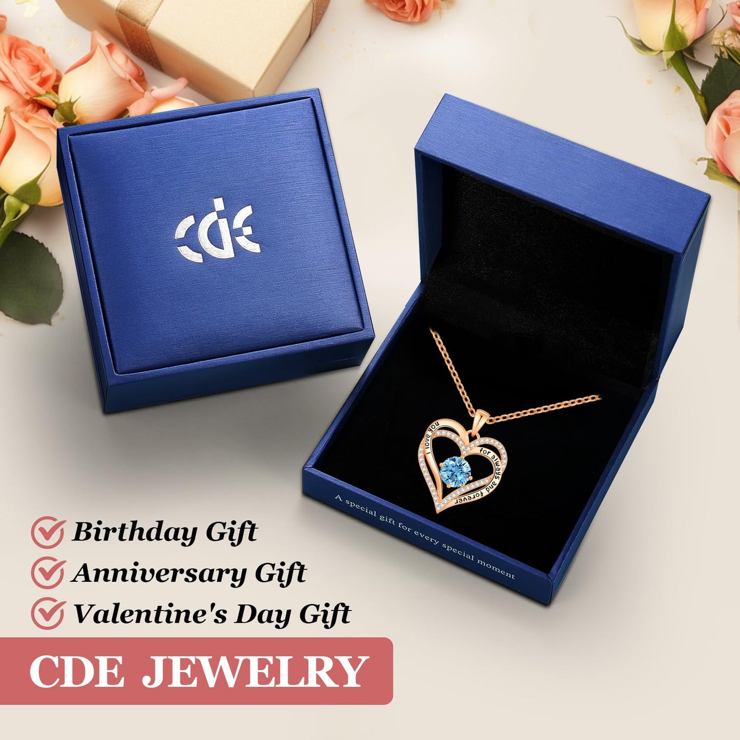 CDE Valentine's Day Gift Forever Love Heart Necklaces for Women, Wedding Anniversary, Birthday Mothers Christmas Day Gifts for Mom, Mother, Wife, S925 Silver Jewelry with Birthstone Pendant