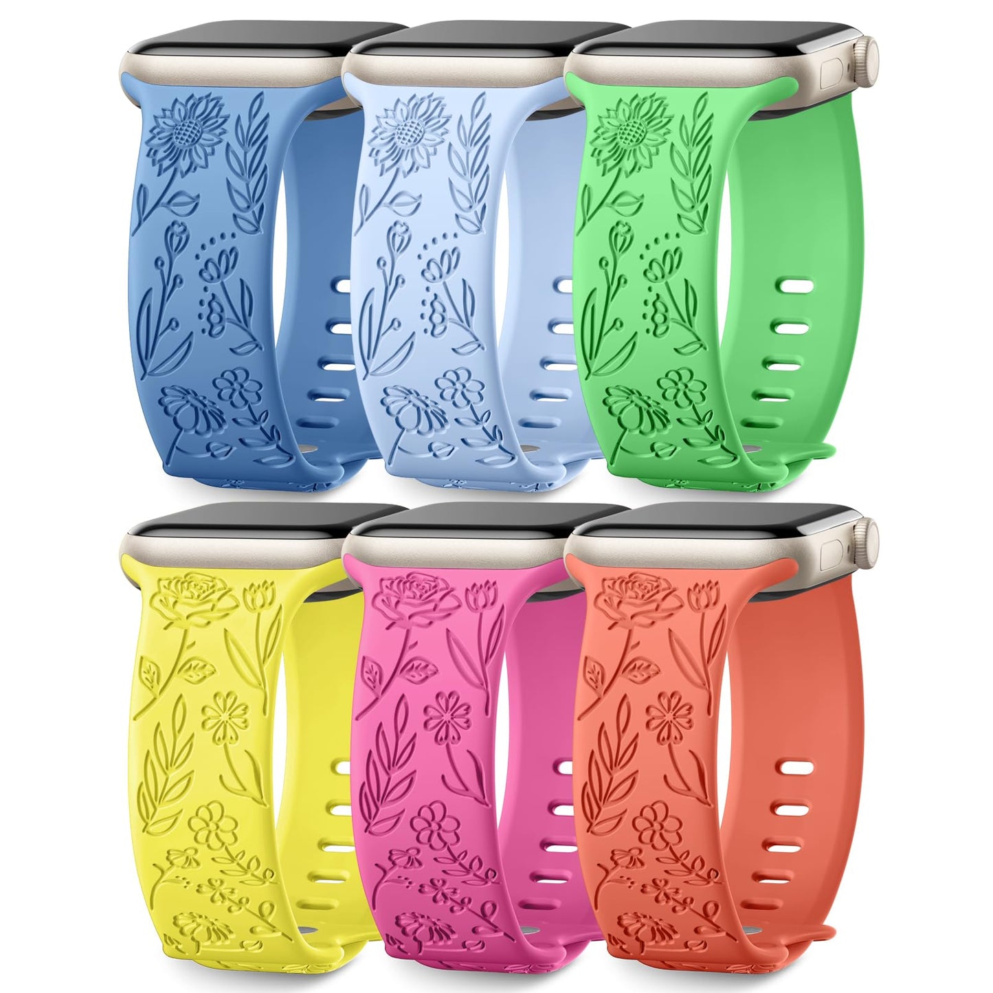 SNBLK 6 Pack Floral Engraved Bands Compatible with Apple Watch Bands for Women 40mm 41mm 44mm 45mm 38mm, Soft Silicone for Designer Apple Watch Bands for Women Series 9 Ultra/SE/8/7/6/5/4/3/2/1