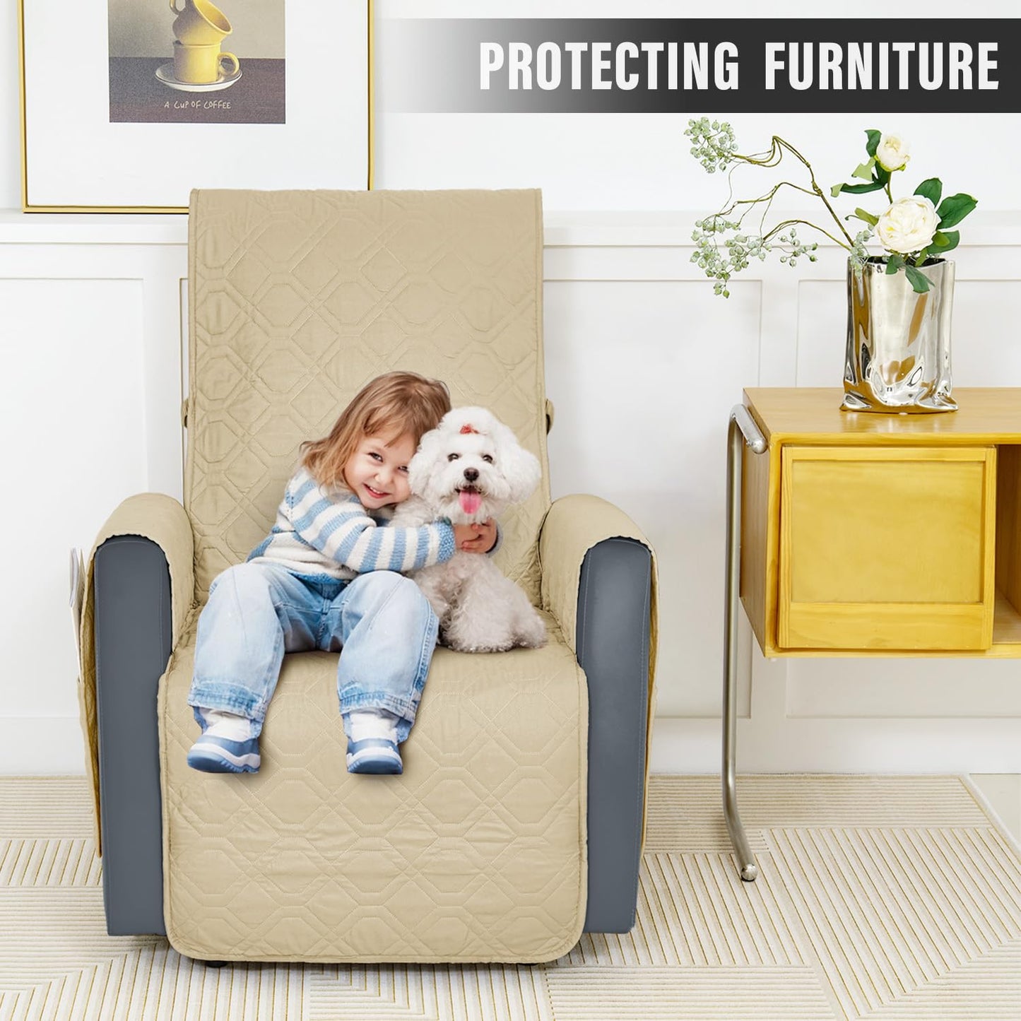 SOFTOWN Recliner Chair Cover Sofa Slipcover Non-Slip Chair Couch Cover Machine Washable Furniture Protector with Straps for Dogs(Beige, 23inch Recliner)