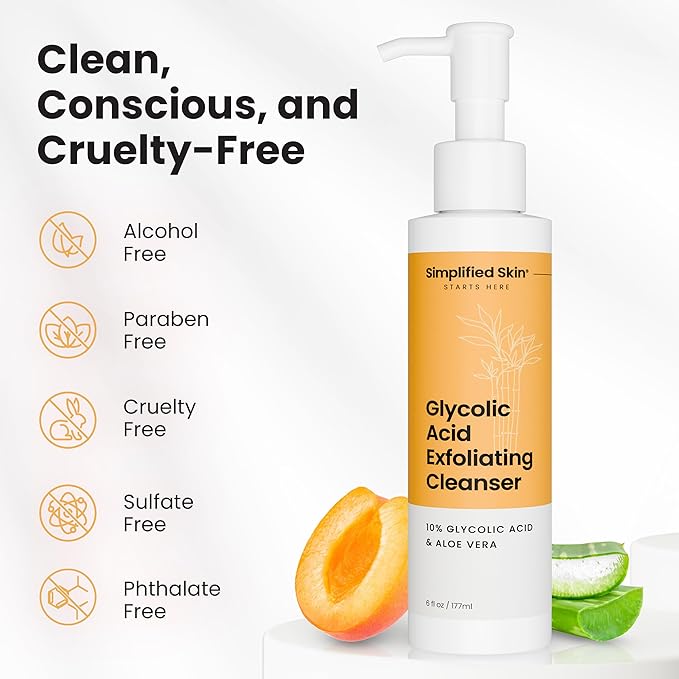 Simplified Skin Glycolic Acid Face Wash for Exfoliating & Anti-Aging - 10% AHA Cleanser to Remove Build Up & Even Tone on Face, Armpits & Body – With Aloe Vera & Sunflower Oil, 6 Fl Oz