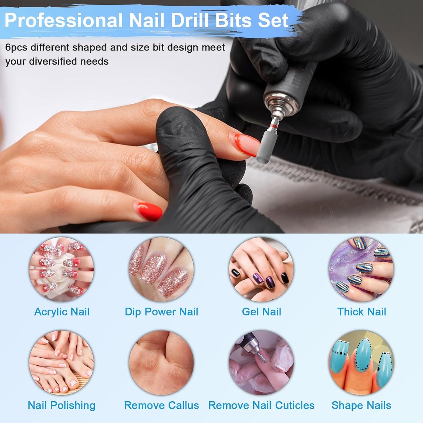 6 Pack Nail Drill Bits for Acrylic Nails, 3/32"" Shank Drill Bits for Nails, Professional Electric Cuticle Bit for Nail Drill, Cuticle Cleaner Nail Gel Polish Remover Tool for Home Salon-Red