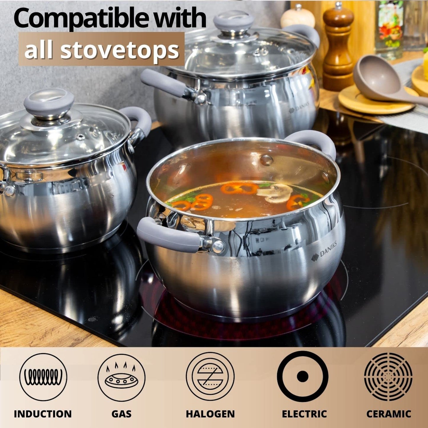 Daniks Modern 10-Piece Stainless Steel Induction Cookware Set – Dishwasher Safe Saucepan, Pots with Heatproof Handles, Glass Lids, Silver