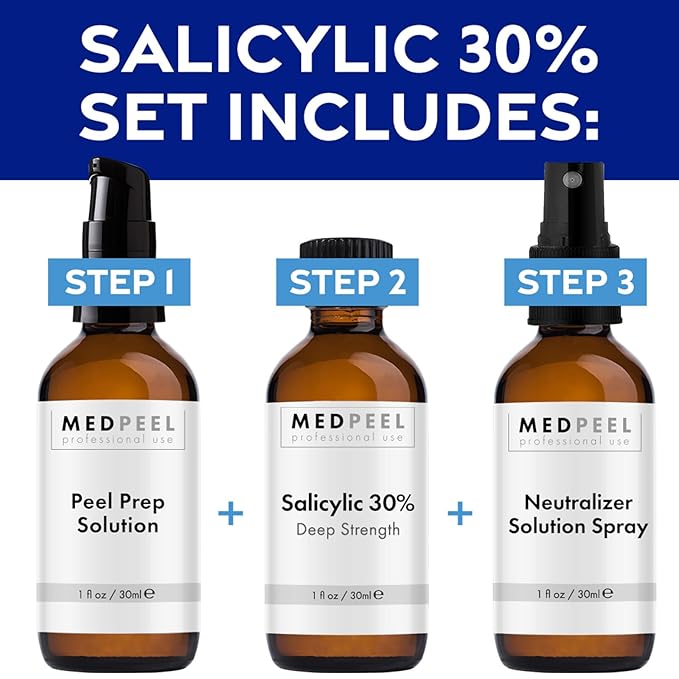 MedPeel Salicylic Acid 30% Essential Peel Kit, Includes Peel, Prep, Neutralizer, Deep Strength Professional Grade Chemical Face Peel for all Skin Tones, 1oz/30ml (Kit of 3)
