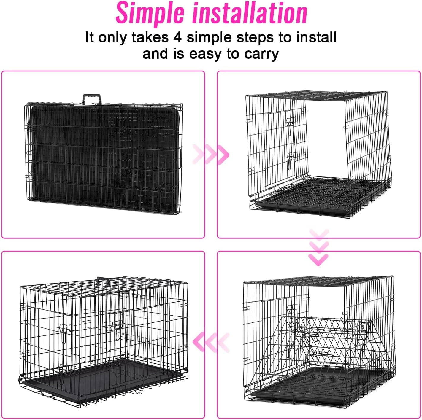 FDW 48 inch Foldable Metal Dog Crate for Large Dogs, Double Door, Divider, Removable Tray(Black)